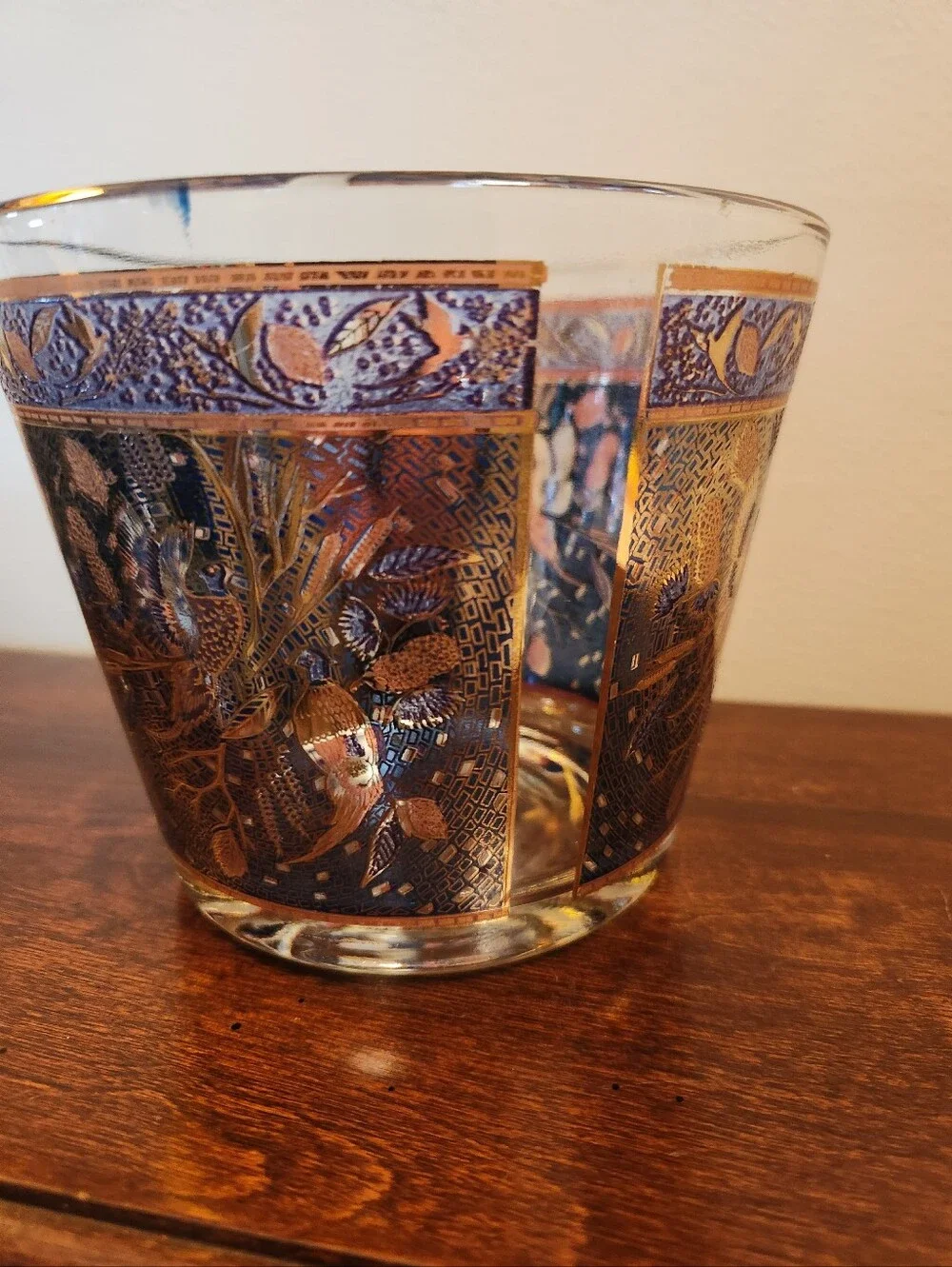 Vintage 1970s Houze Art Glass Pheasant Ice Bucket, Blue Gold Purple Cranberry 6